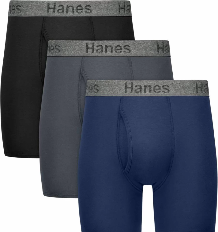 Hanes Men's Cotton Stretch Boxer Briefs 3-Pack with Stay Dry Pouch & Leak Protection