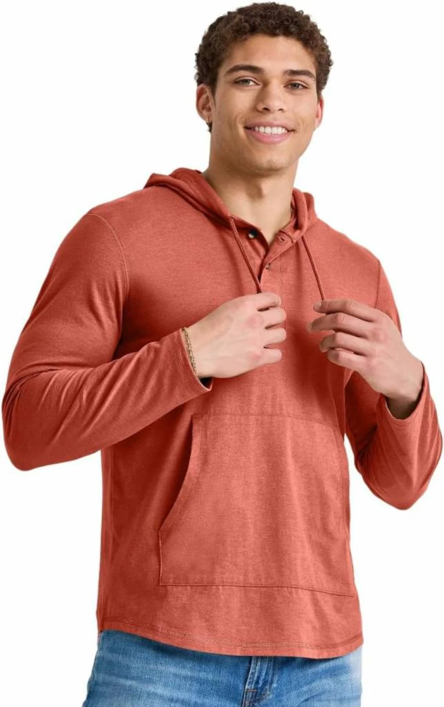 Hanes Men's Tri-Blend Henley Collar Hoodie - Soft Jersey T-Shirt Style Pullover