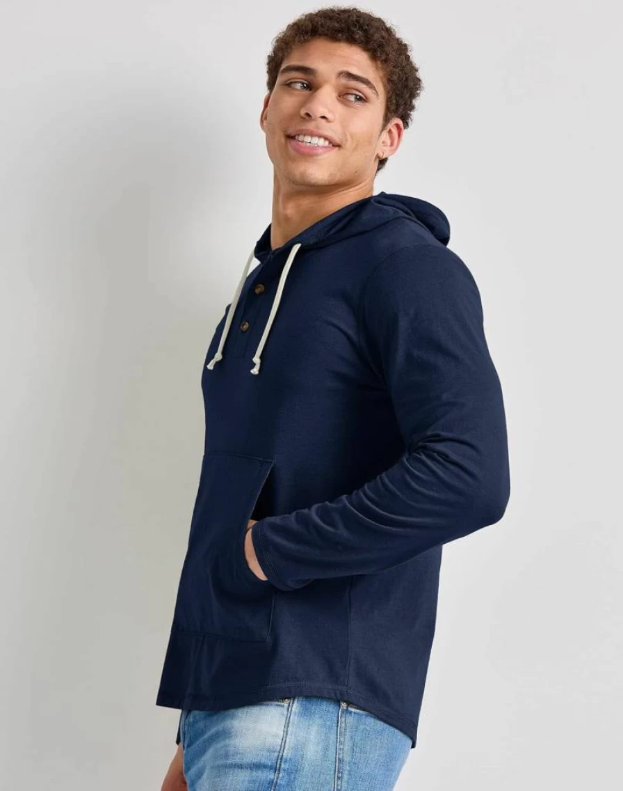 Hanes Men's Tri-Blend Henley Collar Hoodie - Soft Jersey T-Shirt Style Pullover