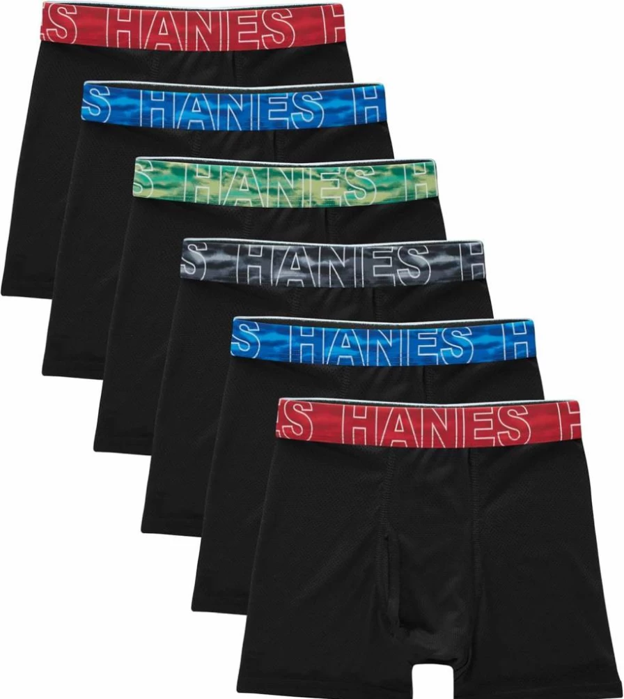Hanes Boys' X-Temp Mesh Boxer Briefs 6-Pack - Stretch Underwear for Tweens, Black, Comfort & Performance