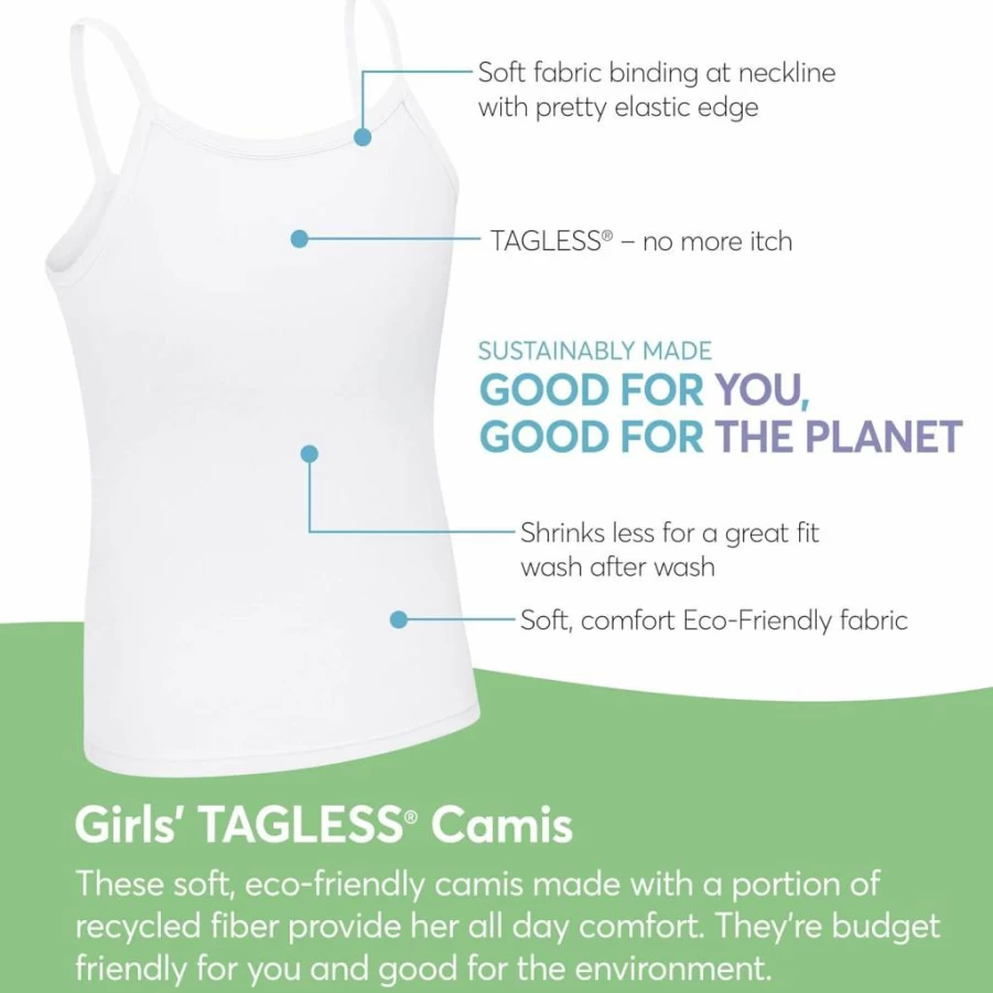 Hanes Girls' EcoSmart Cotton Camisoles 4-Pack - Soft White Cami Tops for Kids