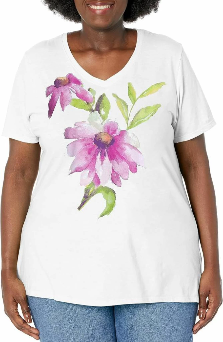 JUST MY SIZE Women's Plus Size Comfortable Printed Short-Sleeve V-Neck T-Shirt