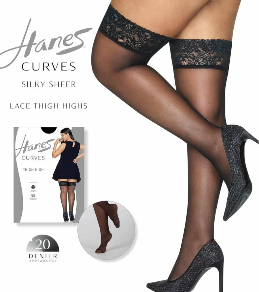 Hanes Women's Curves Sheer Lace Thigh High Stockings - Sexy Comfortable Stay-Up Hosiery