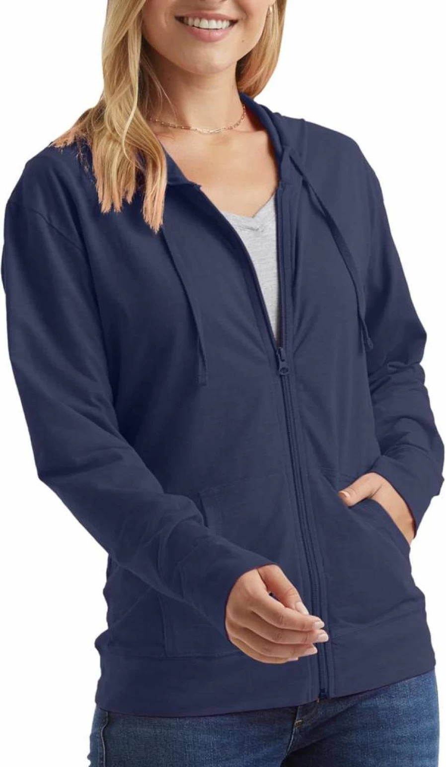 Hanes Women's Textured Cotton Slub Knit Full-Zip Hoodie - Lightweight Zip-Up T-Shirt Style Hooded Sweatshirt