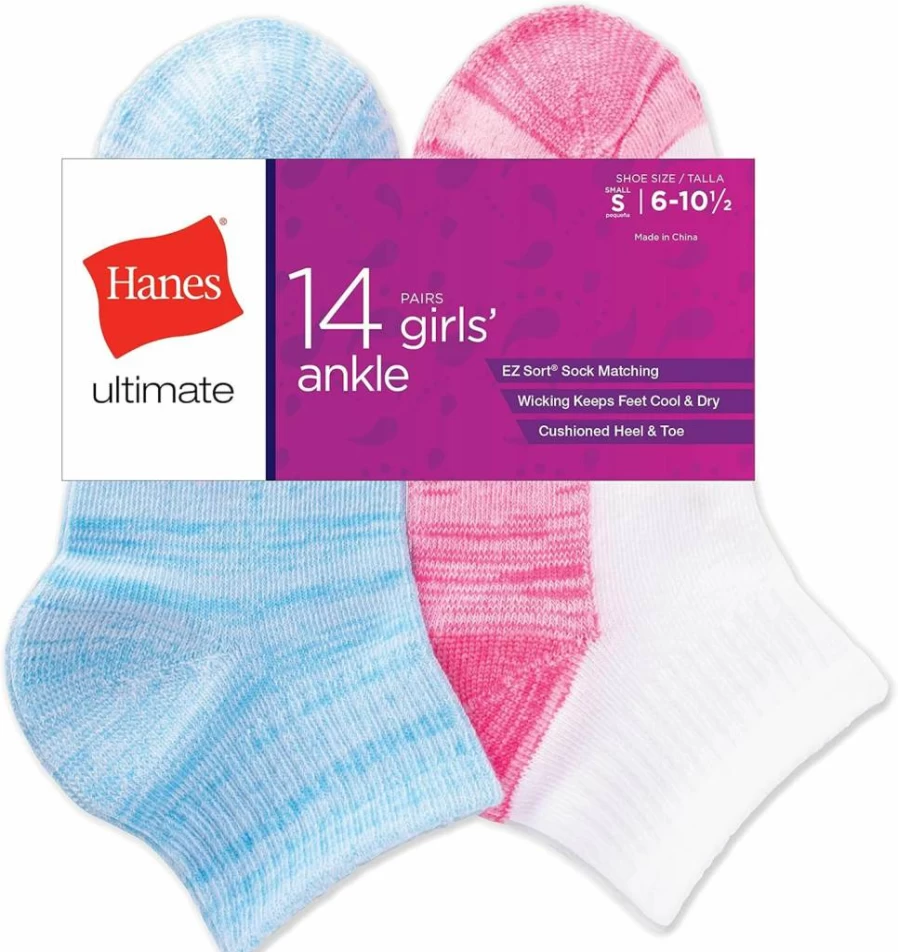 Hanes Girls' 14-Pair Cool Comfort Ankle Socks - Breathable Cotton Crew Socks for Everyday Wear