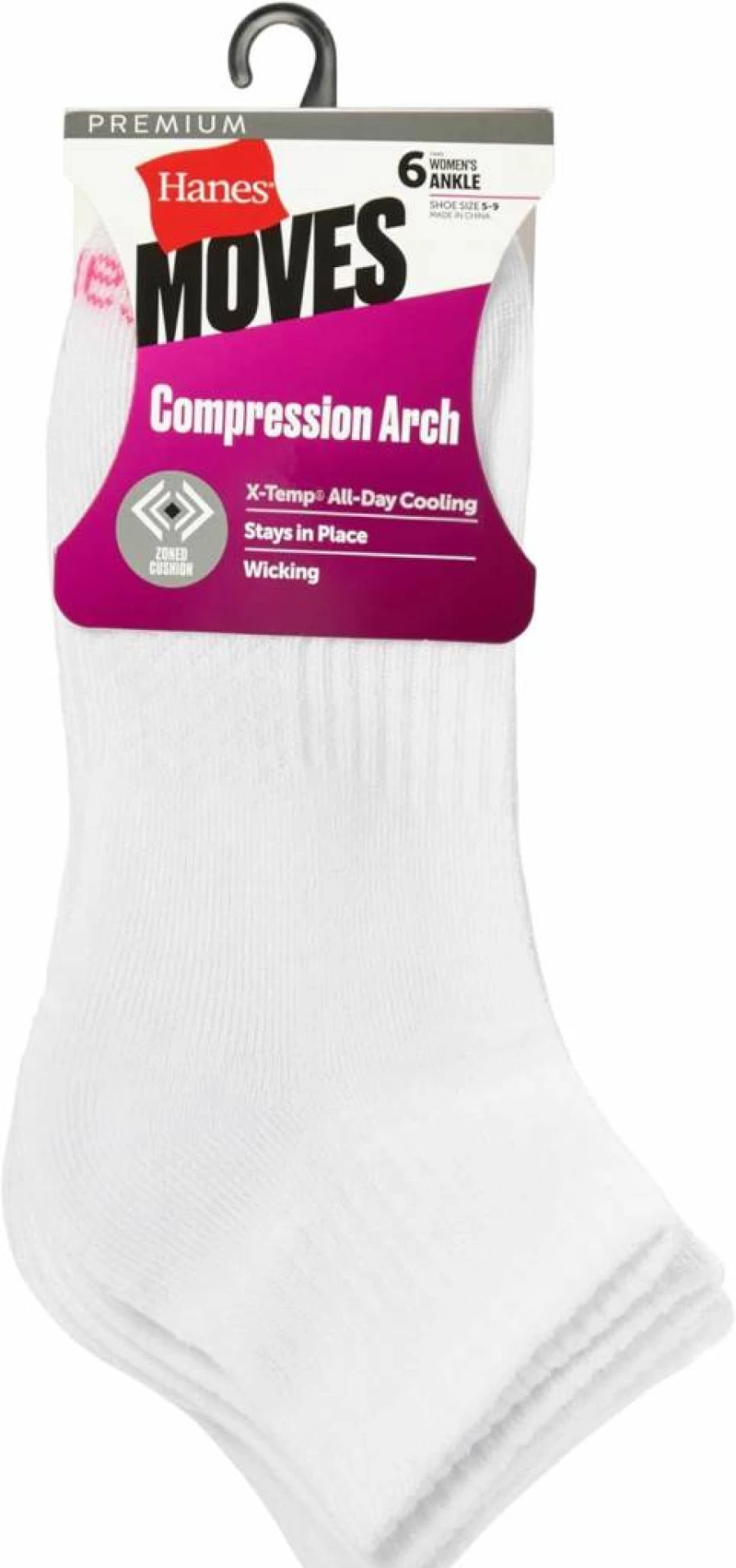 Hanes Women's Performance Ankle Socks 6-Pack - X-Temp Technology, Cushioned Arch Support, White (Sizes 5-9)