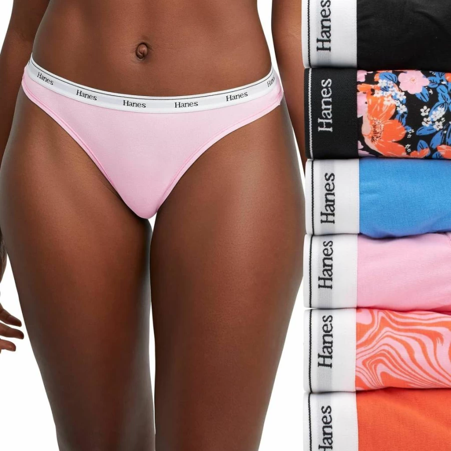Hanes Women's Cotton Thong Underwear 6-Pack - Breathable Stretch Comfort Assorted Colors