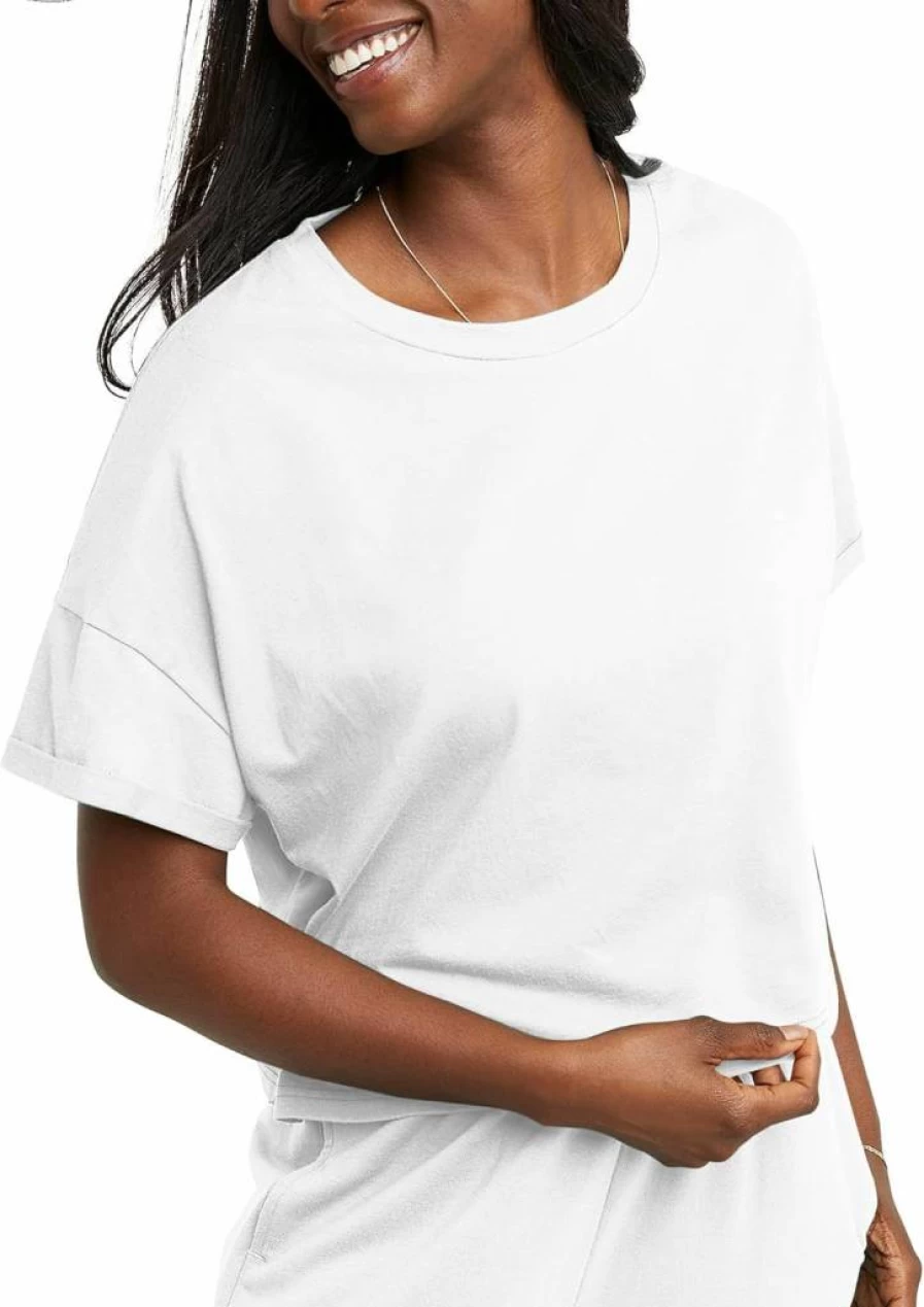 Hanes Women's 100% Cotton Crop Top Boxy T-Shirt with Rolled Sleeves | Casual Comfort Fit