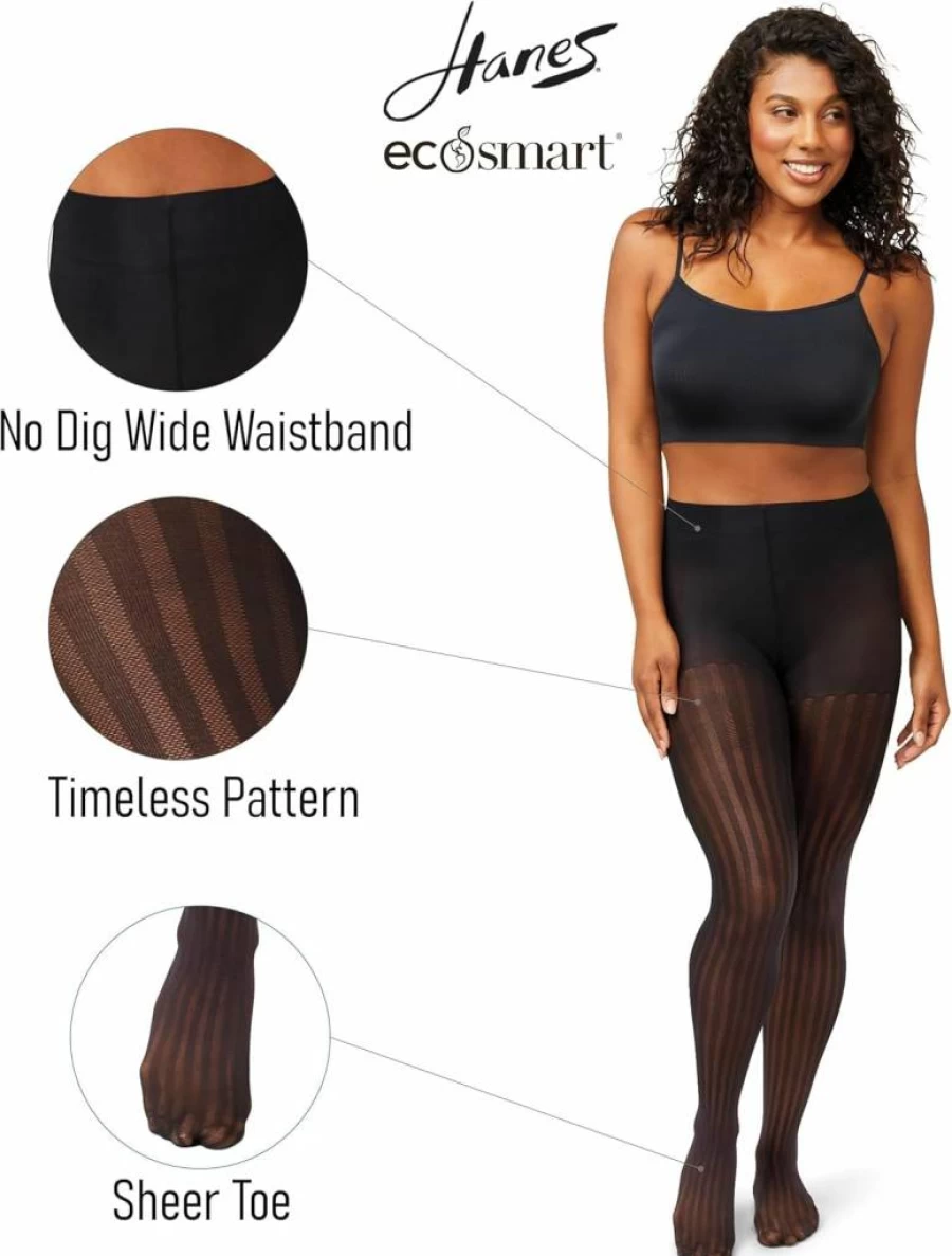 Hanes Women's EcoSmart Control Top Tights - Openwork Stripe Design, Sheer Toe, Black Fashion Tights