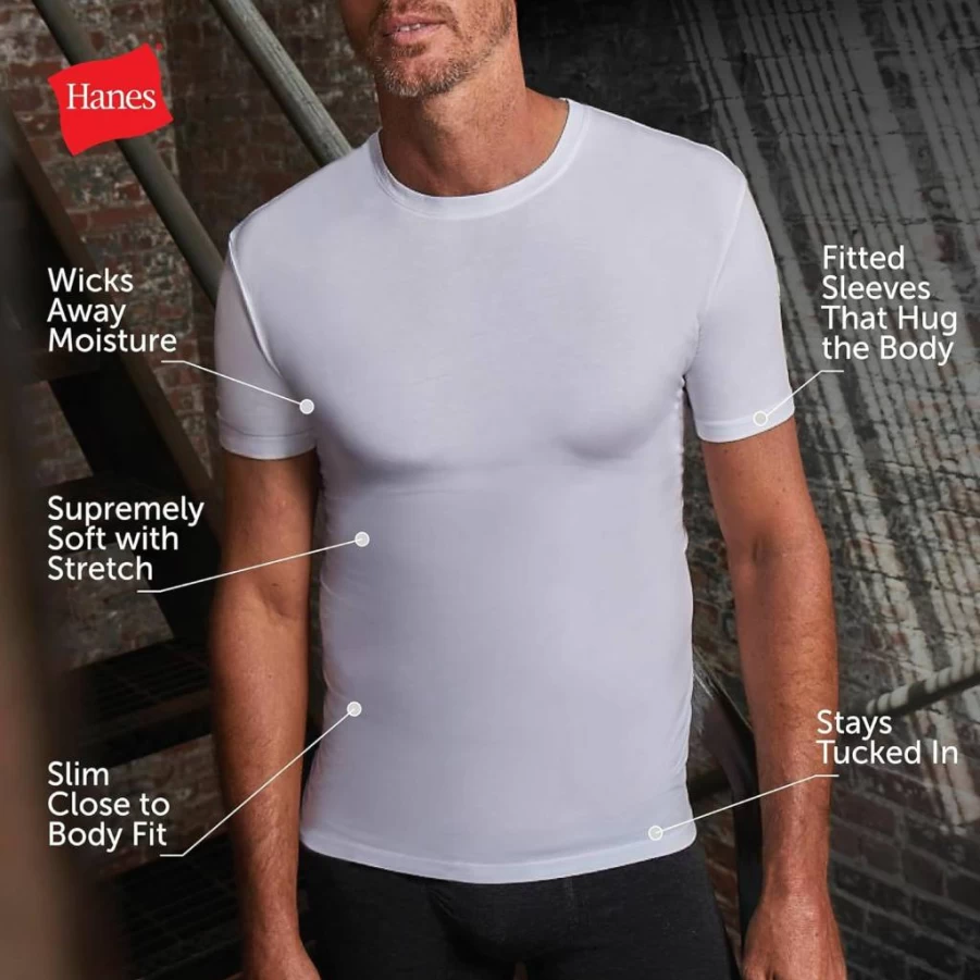 Hanes Men's Slim Fit Crewneck Undershirt 1-Pack, Stay-Tucked Fitted White & Black Perfect Flex Tee