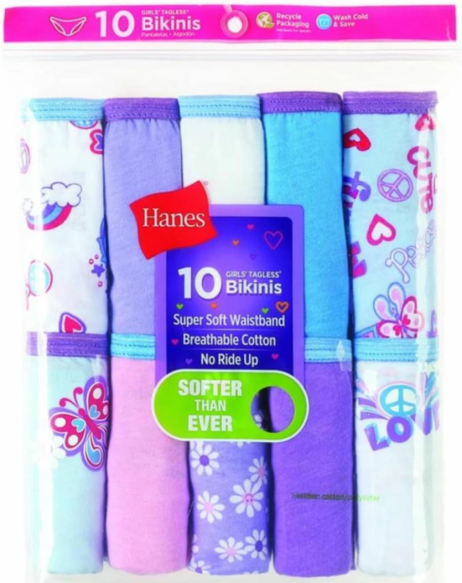 Hanes Girls & Toddler Cotton Underwear Multipack - Tagless Brief, Hipster & Bikini Panties (Assorted Colors)