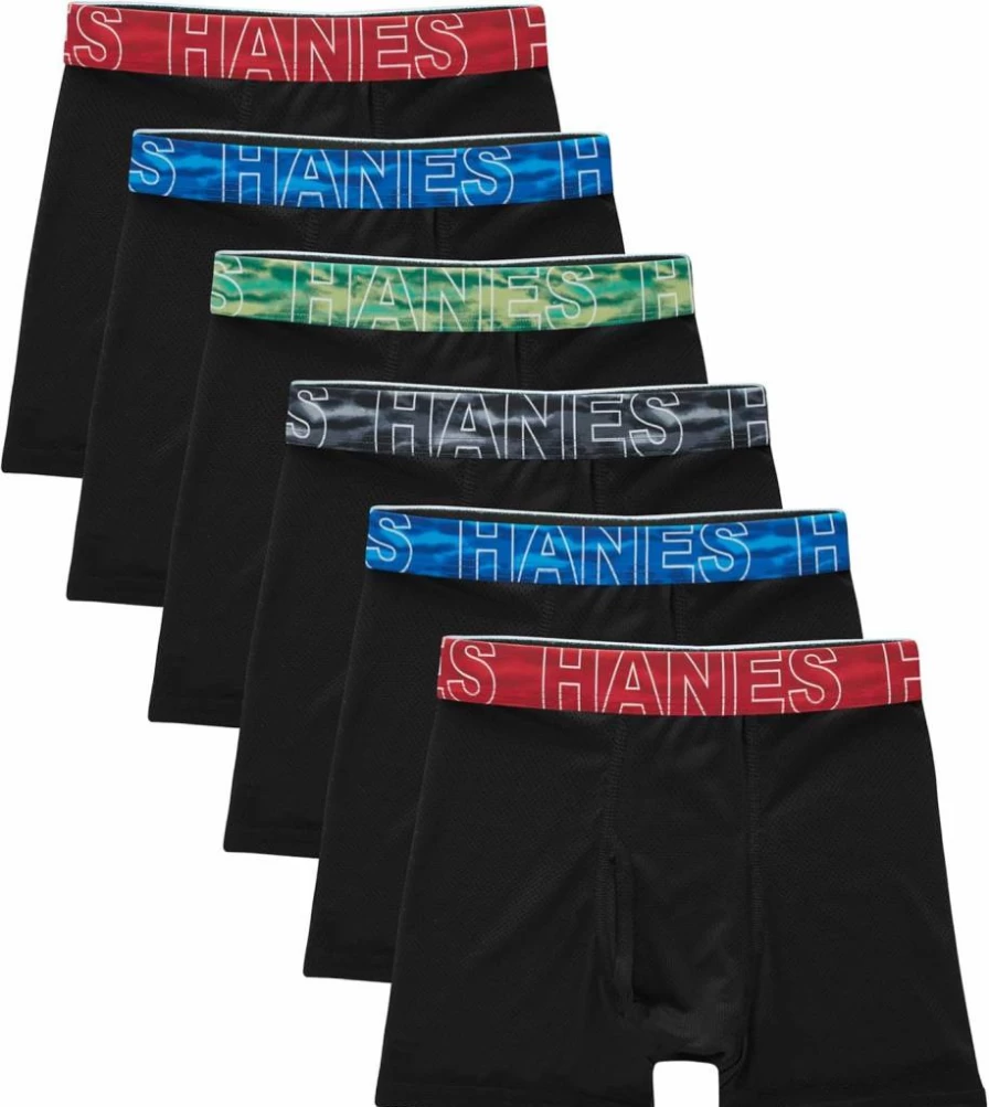 Hanes Boys' X-Temp Mesh Boxer Briefs 6-Pack - Stretch Underwear for Tweens, Black, Big Performance Comfort