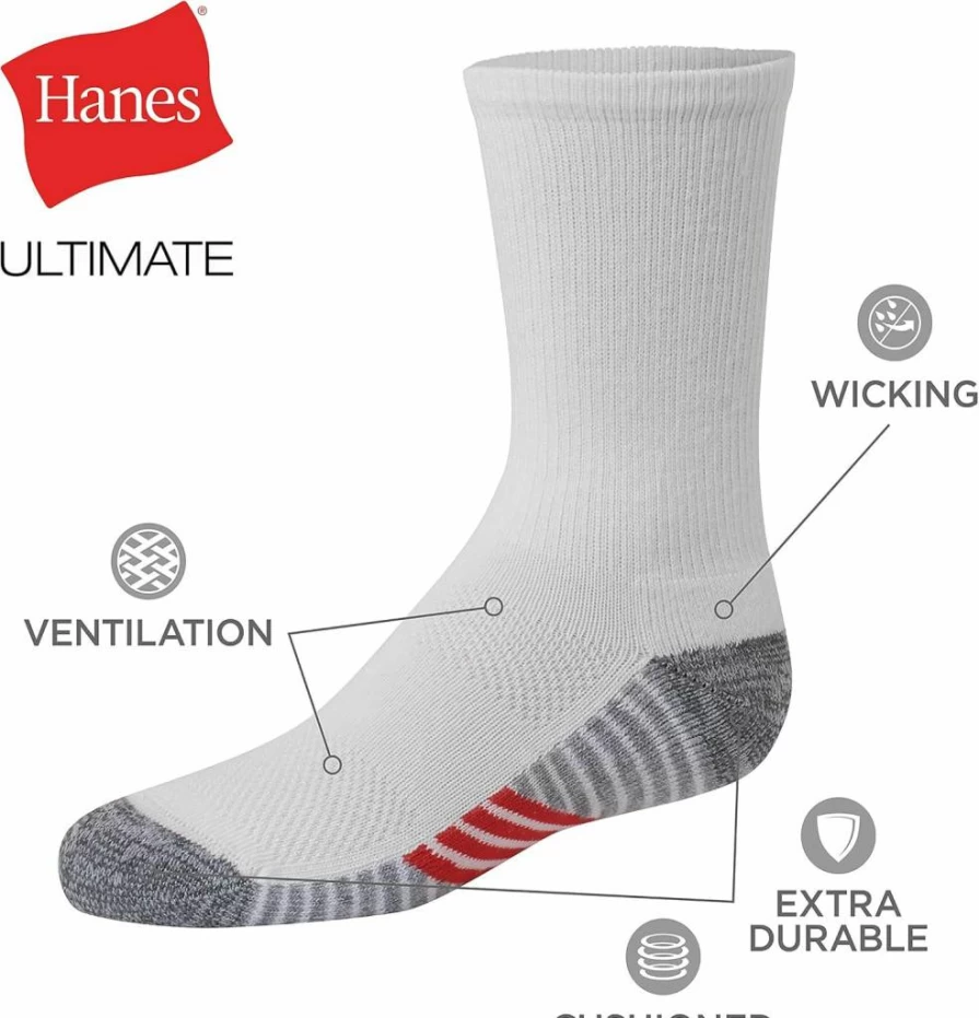 Hanes Boys' Performance Crew Socks 10-Pair Pack - Moisture-Wicking Athletic Sport Socks for Kids