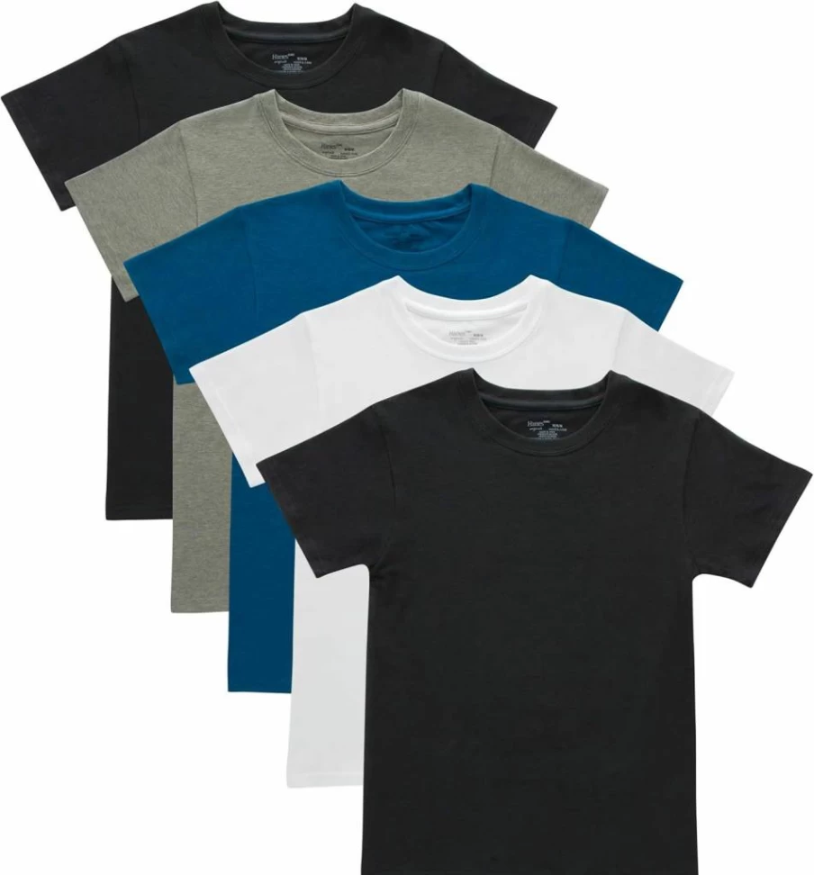 Hanes Boys' Stretch Cotton Crewneck Undershirts 5-Pack - Black & Assorted Colors