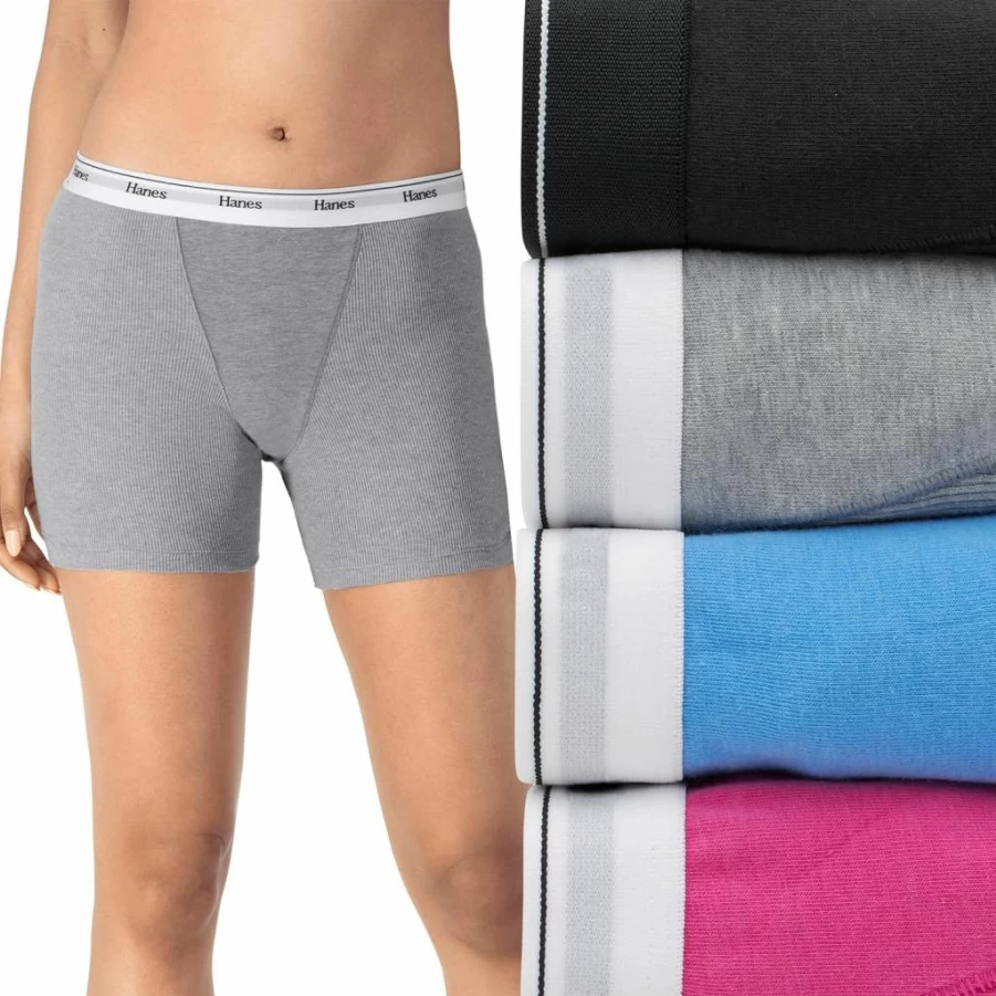 Hanes Women's Cotton Stretch 4-Pack Mid-Thigh Boxer Brief Underwear | Comfortable Breathable Panties