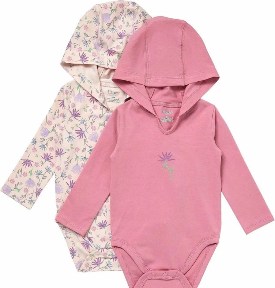 Hanes Baby Girls' 3-Pack Long Sleeve Hoodie Bodysuits – Soft Unisex Infant Onesies