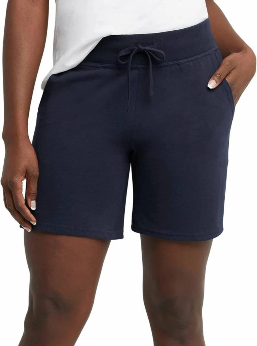 Hanes Women's Cotton Jersey Pocket Shorts with Drawstring Waist, 7-Inch Inseam Comfort Casual Shorts