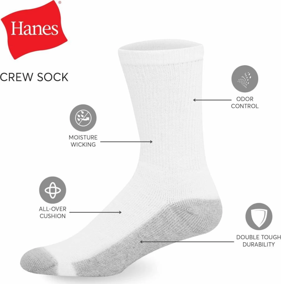 Hanes Men's Double Tough Crew Socks 12-Pack - Durable Work Socks for Men, Comfortable Athletic Socks, 12 Pairs Bulk Pack