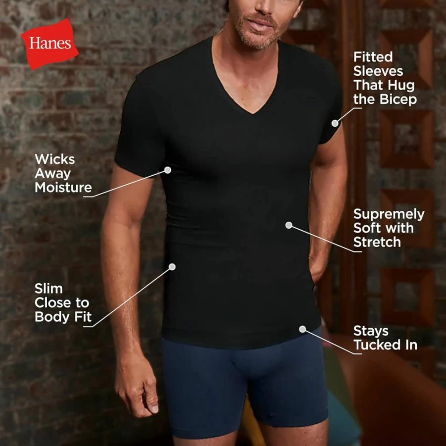 Hanes Men's Slim Fit V-Neck Undershirt 1-Pack - Stay Tucked Fitted Tee, White & Black, Perfect Flex Comfort