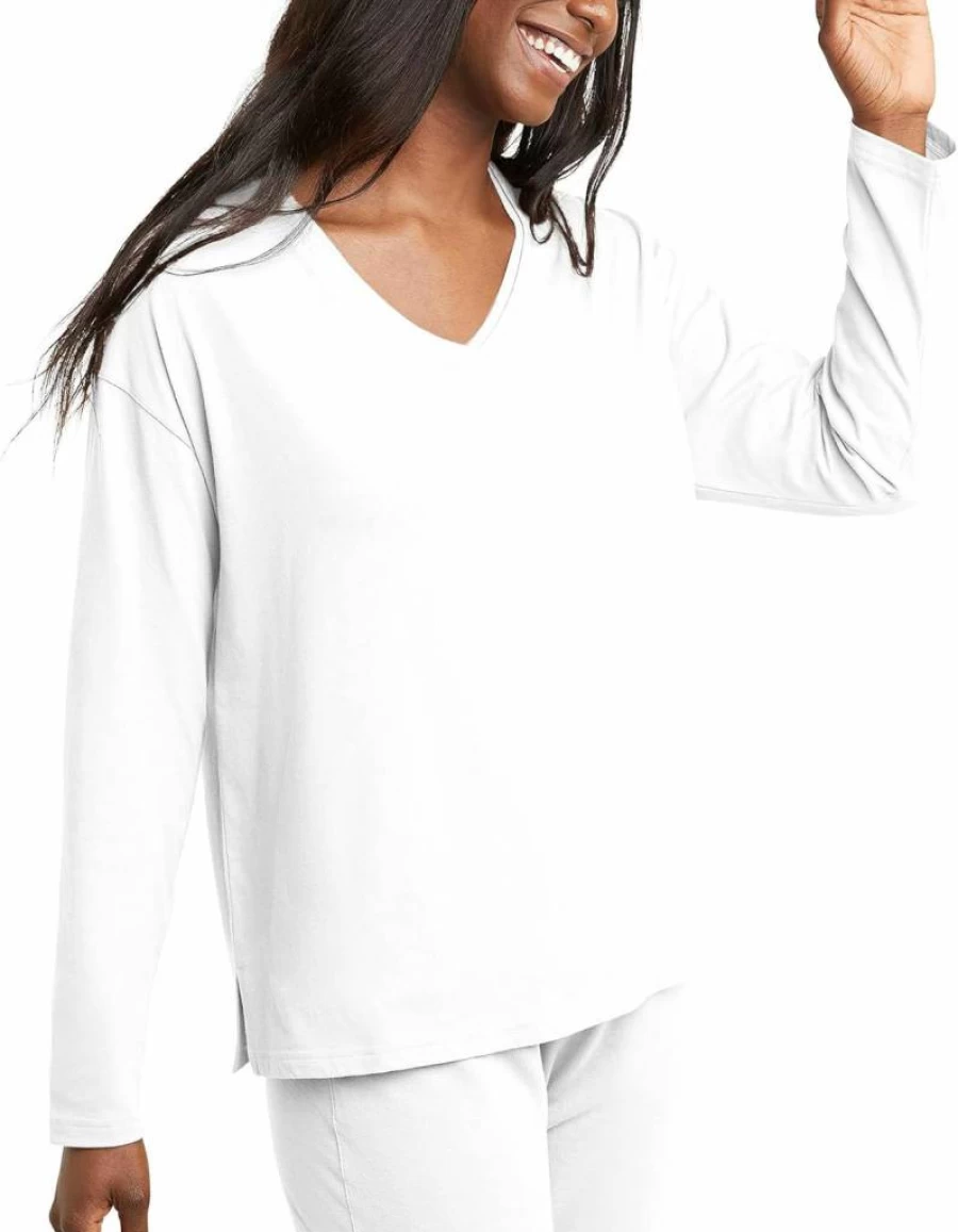 Hanes Women's Original Cotton V-Neck Long Sleeve T-Shirt - Soft Comfortable Raw Edge Tee