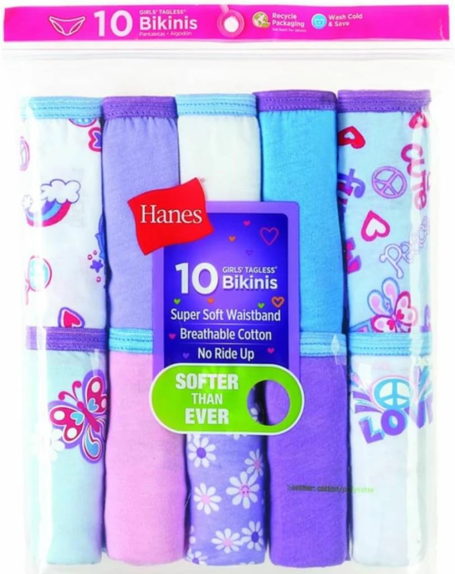 Hanes Girls & Toddler Cotton Underwear Multipack - Tagless Brief, Hipster & Bikini Panties (Assorted Colors)