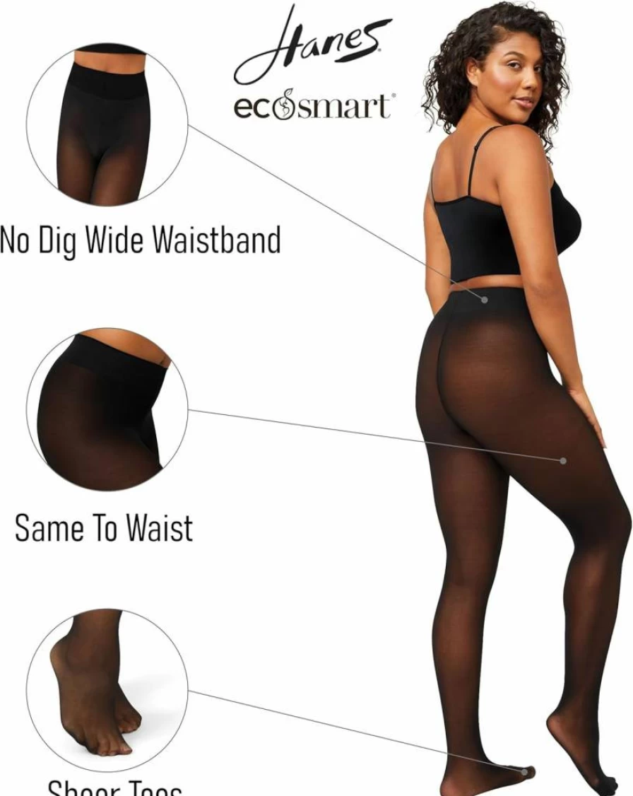 Hanes Women's EcoSmart Opaque Tights - High Waist, Sheer Toe, Black - Comfortable & Durable